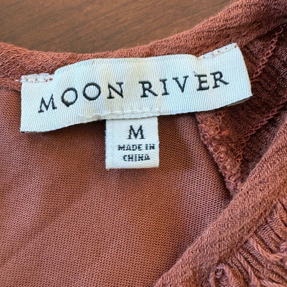 Moon River Dress Smocked Babydoll Ruffle Boho Cottagecore Rust Brown Medium - Picture 2 of 15